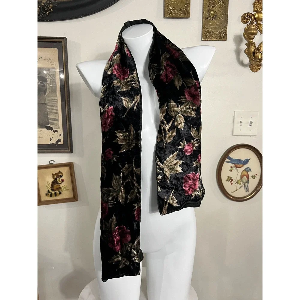 Vintage Black Rose Floral Print Crushed Velvet Scarf Shawl